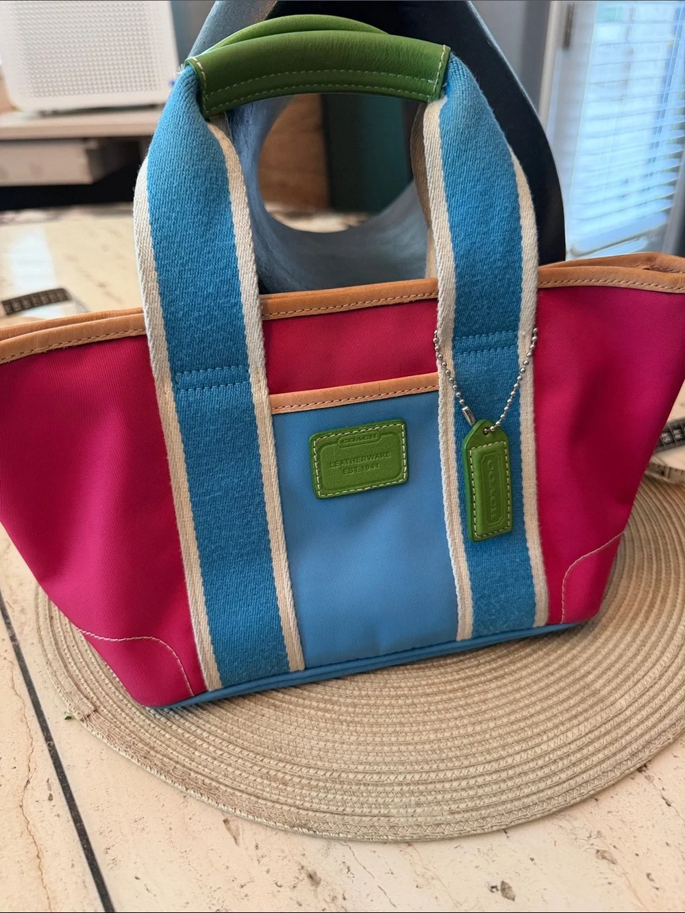 Coach Vintage Leatherware 2005 Pink and Blue Nylon Tote with Green Trim Retail